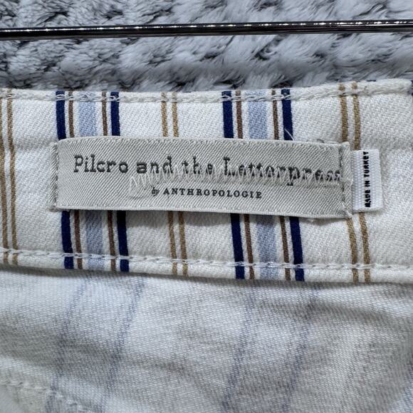 Pilco Pants Womens 28 Cream Brown Blue Striped High Rise Bootcut Raw Hem Casual - Picture 2 of 15